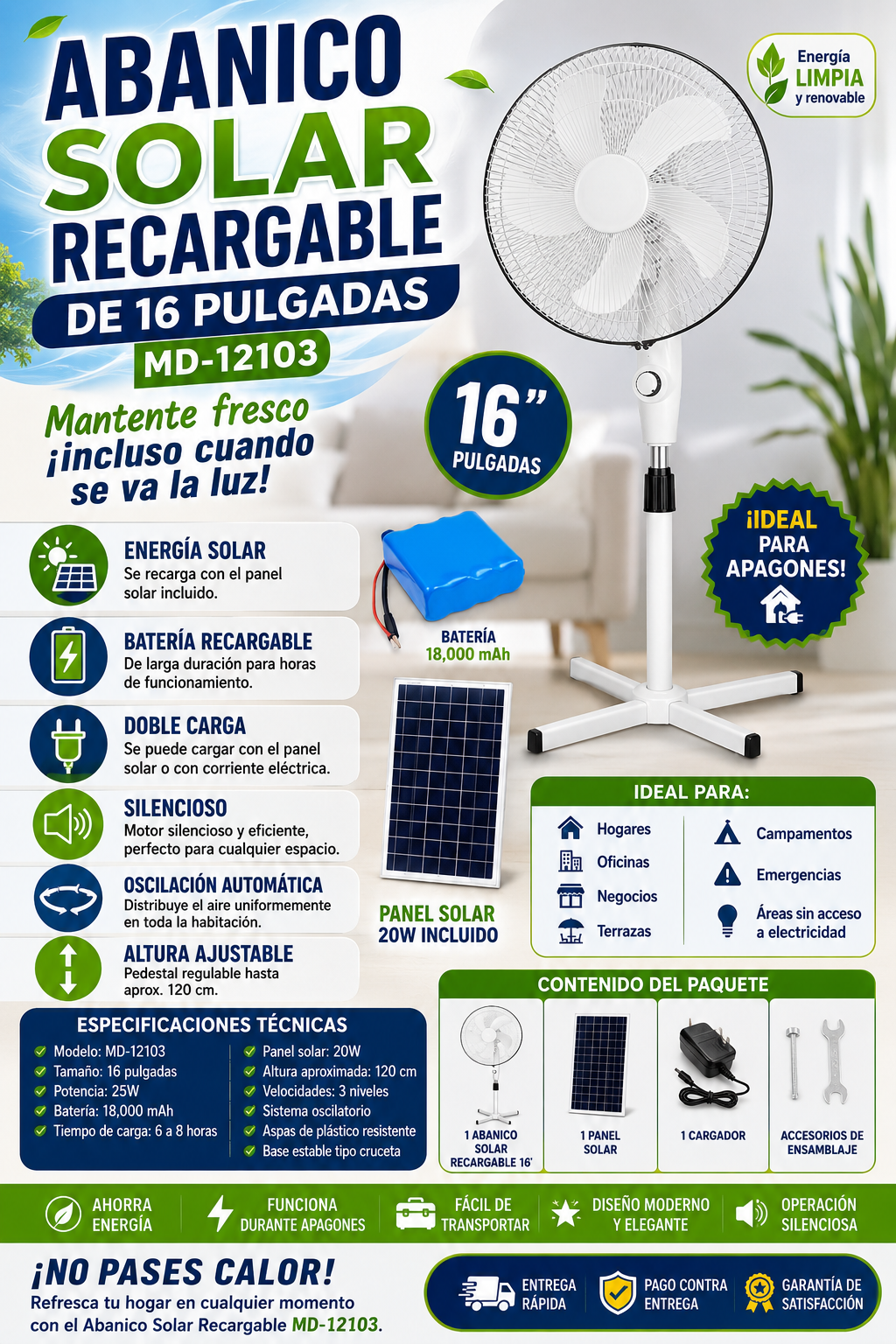 ABANICO SOLAR RECARGABLE DE 16 PULGADAS MD-12103