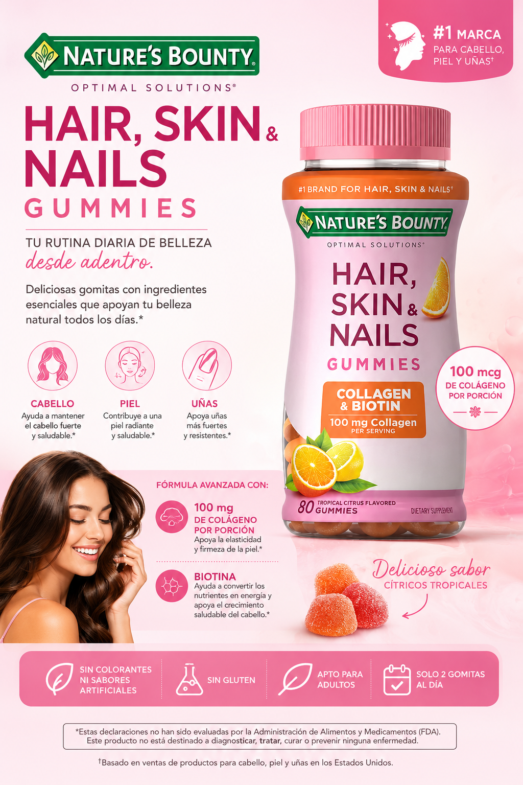 Gomitas Nature's Bounty Hair, Skin & Nails 100 mcg de collagen & Biotina para Cabello, Piel y Uñas - 80 Gummies